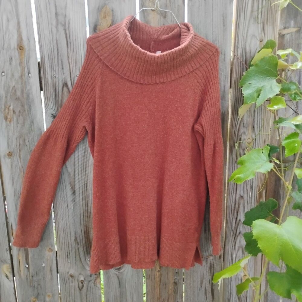 Time and Tru Rust Orange Cowl Neck Tunic Sweater Womens Large Pullover Fuzzy